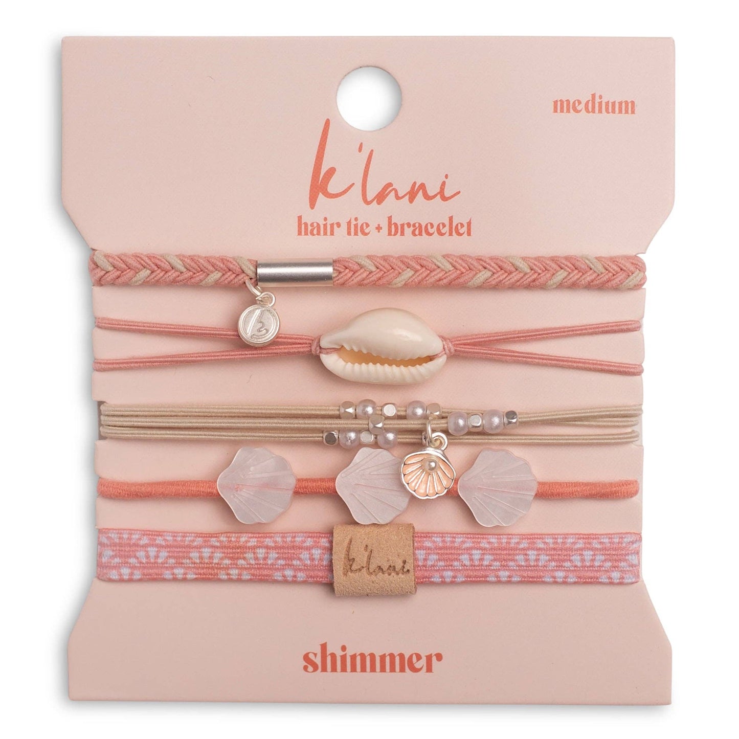 "Shimmer" Coral with Shell Hair Tie/Bracelets