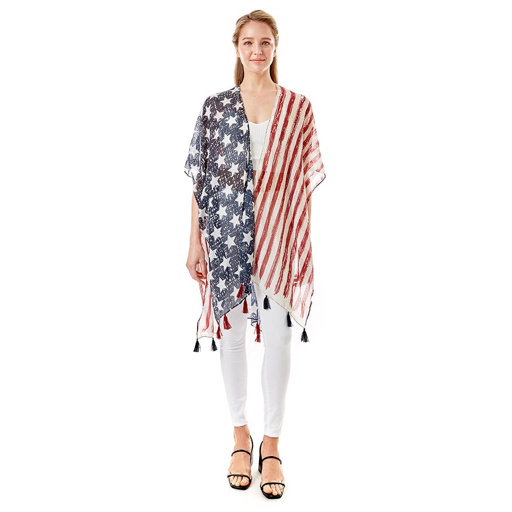 American Flag Printed Tassel Poncho