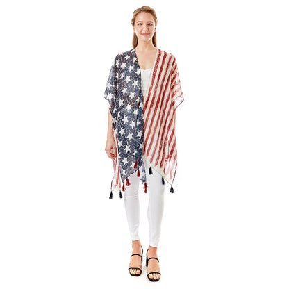 American Flag Printed Tassel Poncho