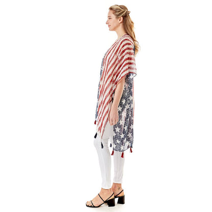 American Flag Printed Tassel Poncho