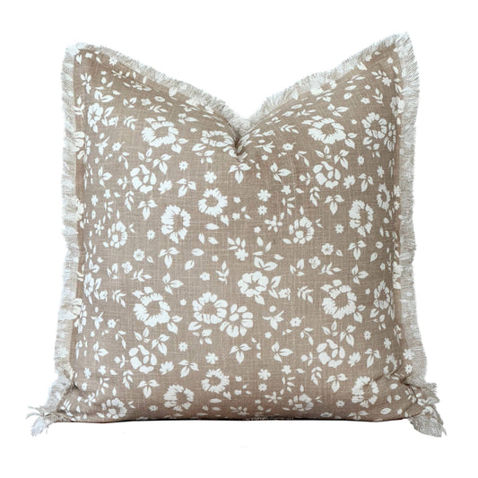 Taupe Floral Fringe Pillow
