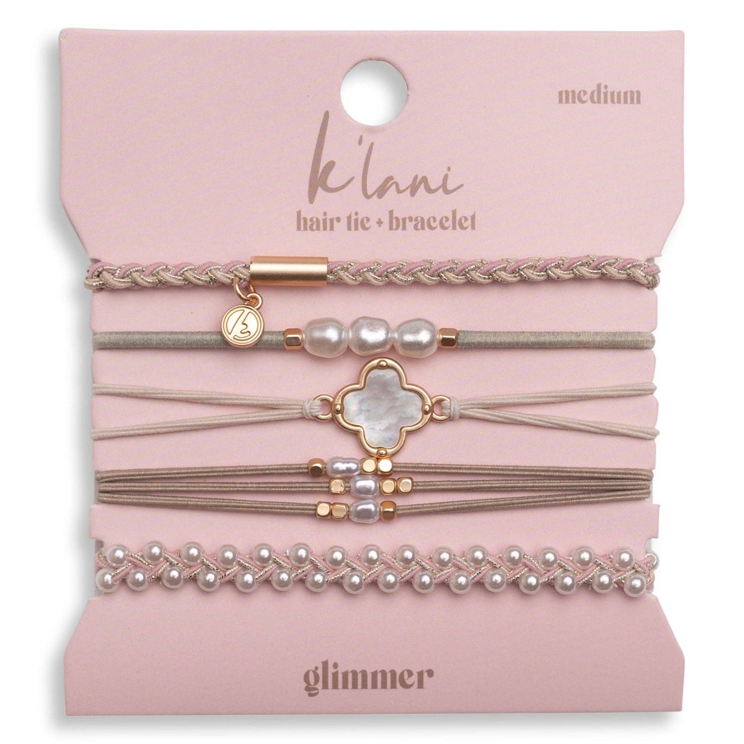 "Glimmer" Soft Pinks with Pearl and Gold Accent Hair Tie Bracelets: Medium