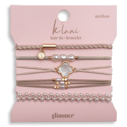 "Glimmer" Soft Pinks with Pearl and Gold Accent Hair Tie Bracelets: Medium