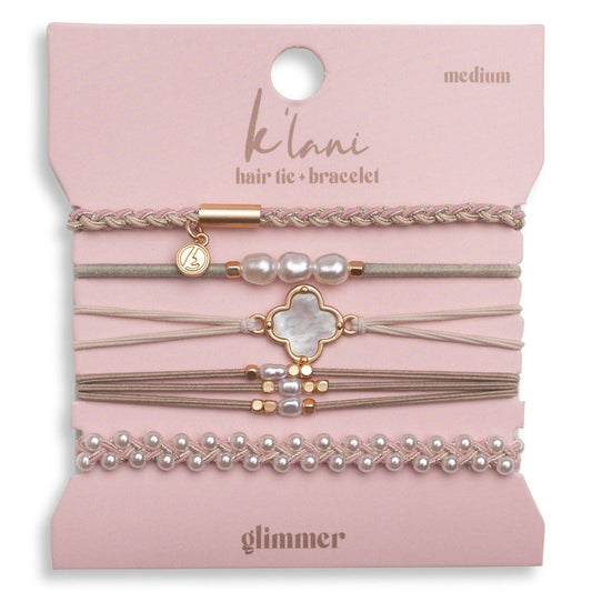 "Glimmer" Soft Pinks with Pearl and Gold Accent Hair Tie Bracelets: Medium