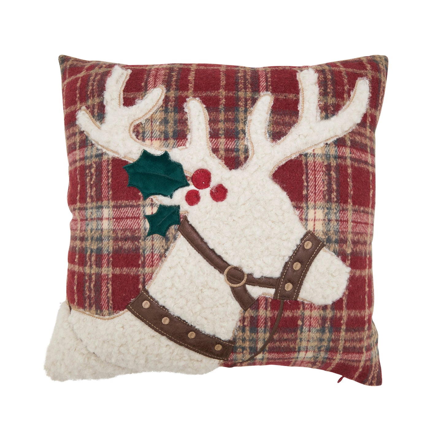Plaid Reindeer Throw Pillow: Multi / Down Filled / 18"