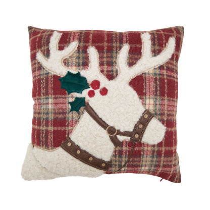 Plaid Reindeer Throw Pillow: Multi / Down Filled / 18"