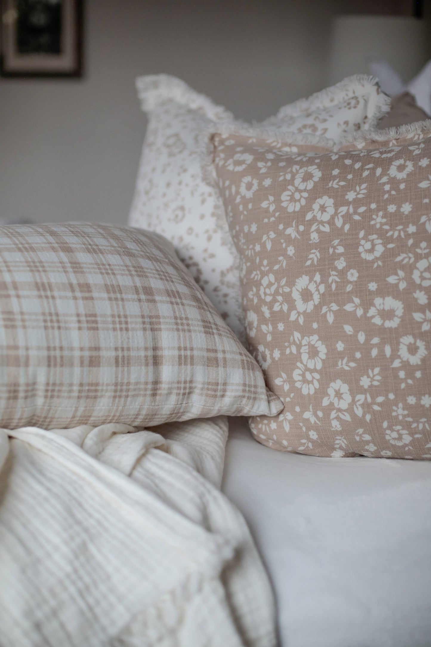 Taupe Floral Fringe Pillow