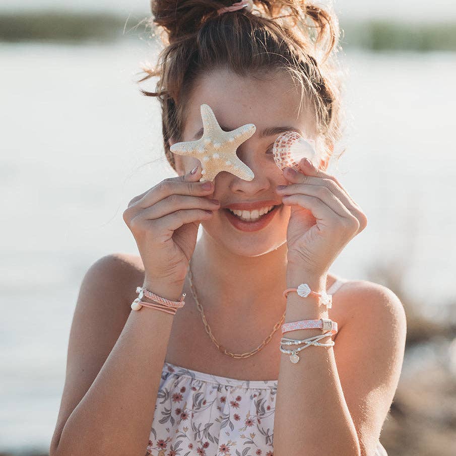 "Shimmer" Coral with Shell Hair Tie/Bracelets