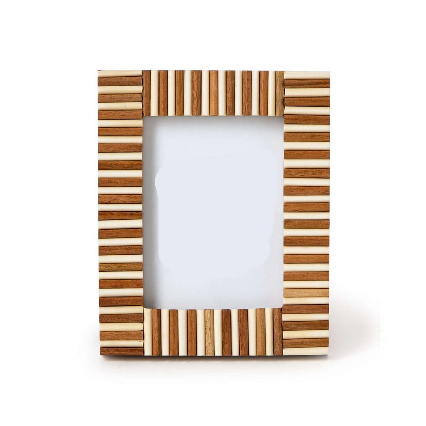 Wooden picture frame with striped design on a white background