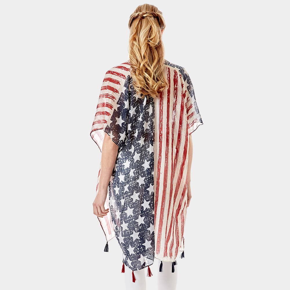 American Flag Printed Tassel Poncho