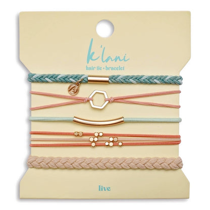 "Live" Teal and Coral with Gold Accent Hair Tie Bracelets: Medium