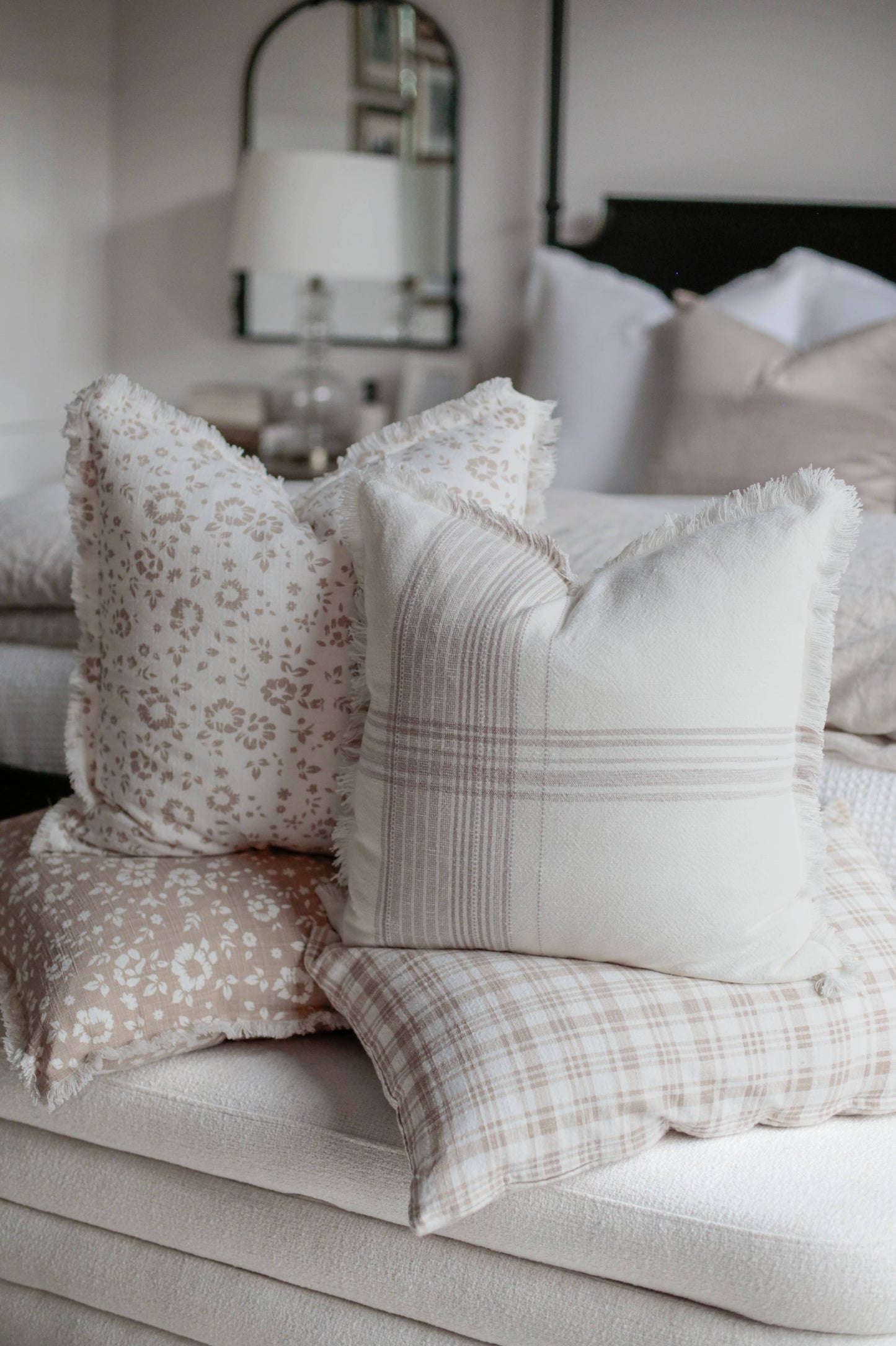 Taupe Plaid Fringe Pillow