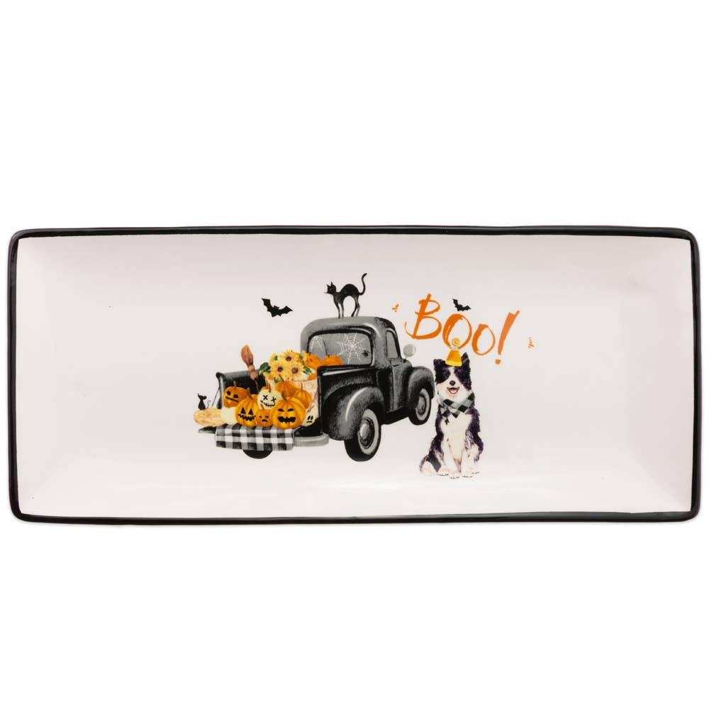 Halloween Truck Pups Ceramic Rectangle Plate Halloween