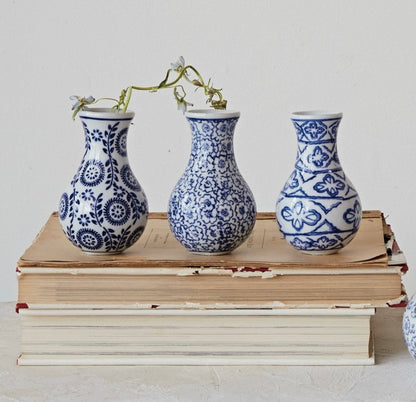 Hand-Stamped Patterned Stoneware Vase Blue & White S/3