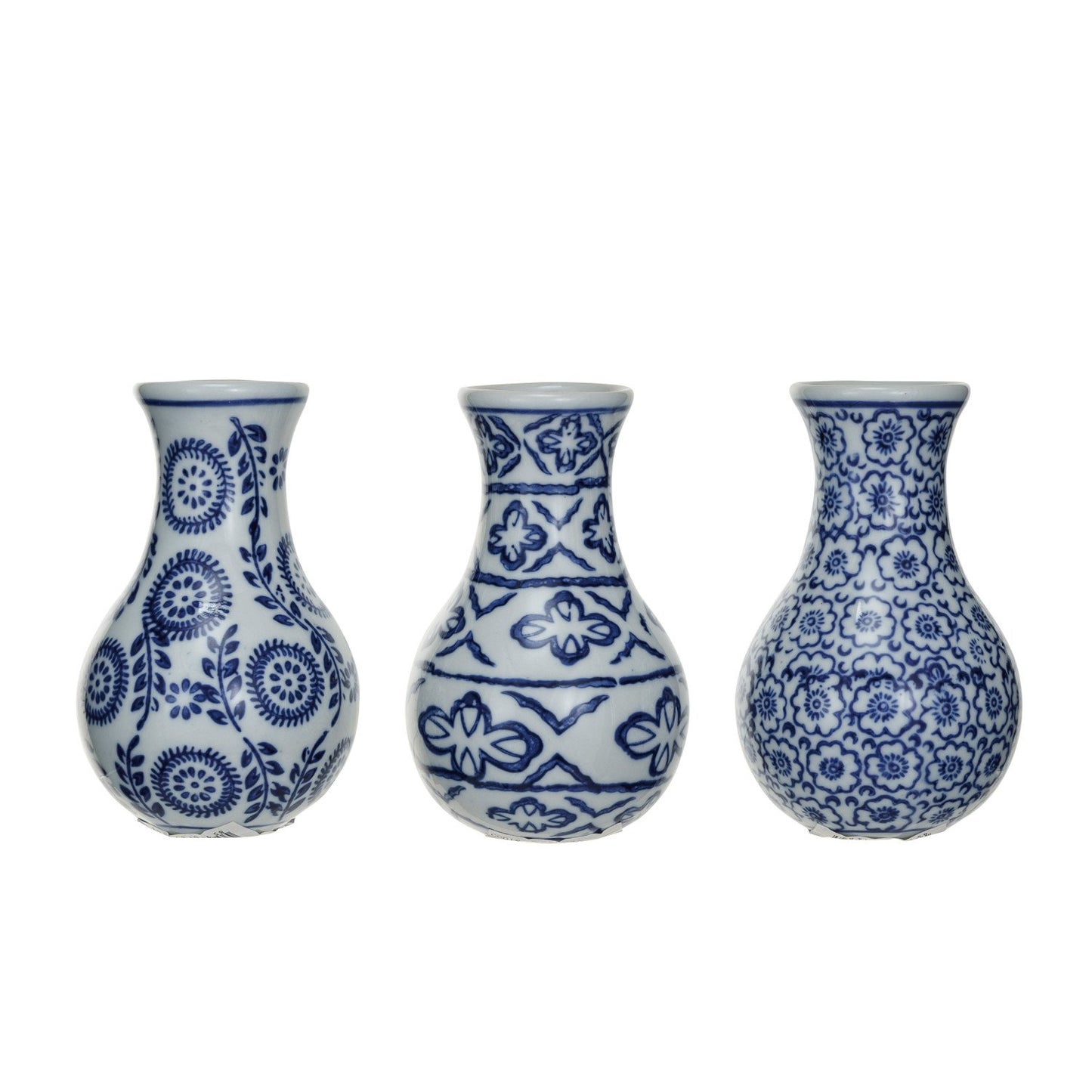 Hand-Stamped Patterned Stoneware Vase Blue & White S/3