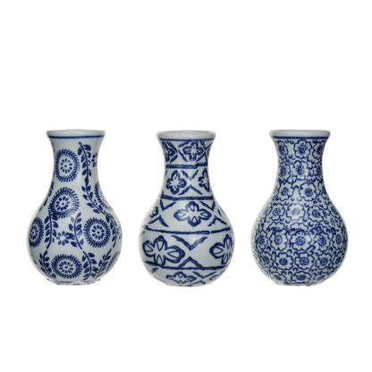 Hand-Stamped Patterned Stoneware Vase Blue & White S/3