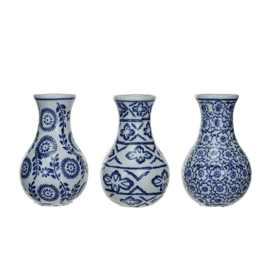Hand-Stamped Patterned Stoneware Vase Blue & White S/3