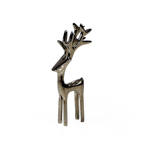 Silver reindeer figurine on a white background