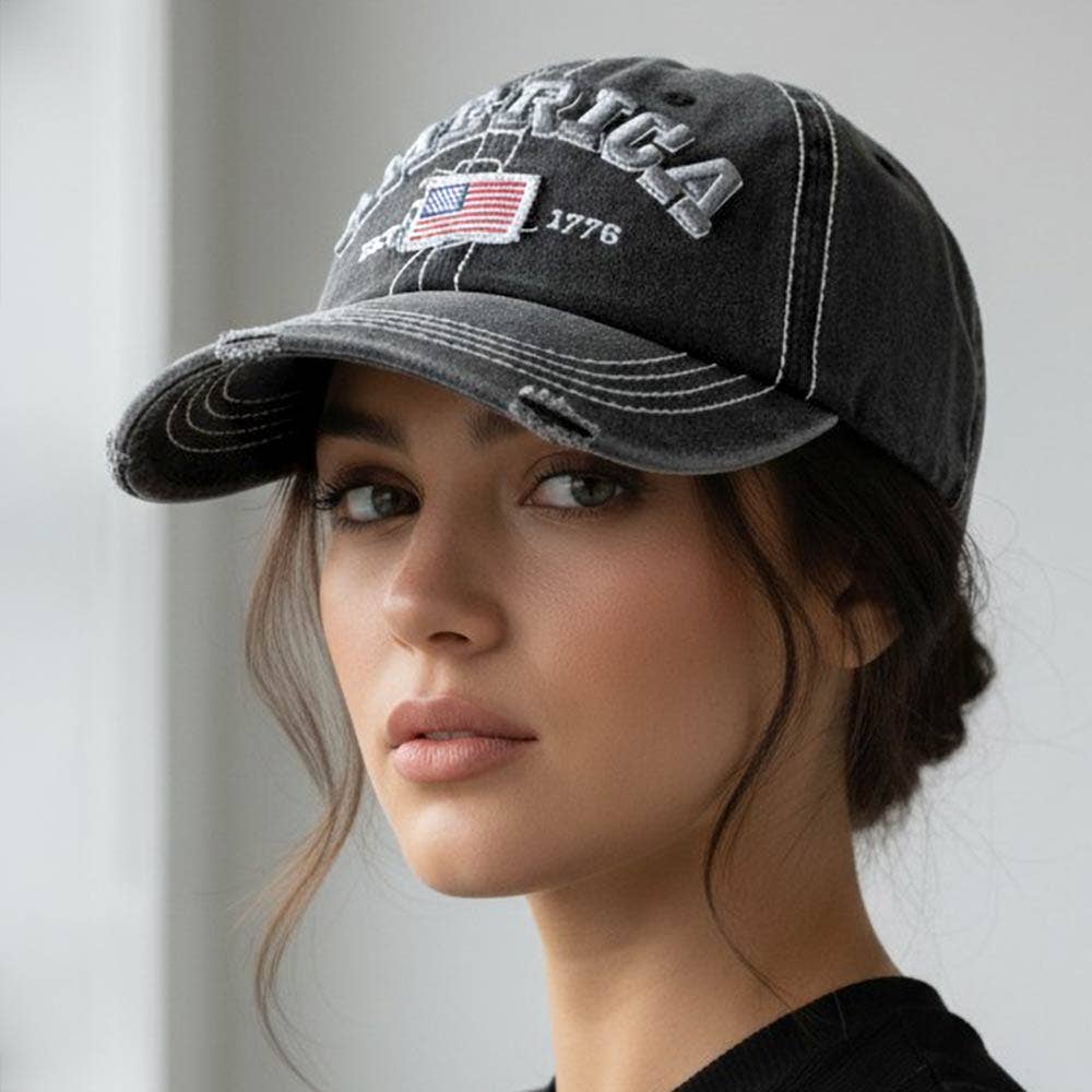 Vintage America 1776 Flag Embroidered Baseball Cap: Black