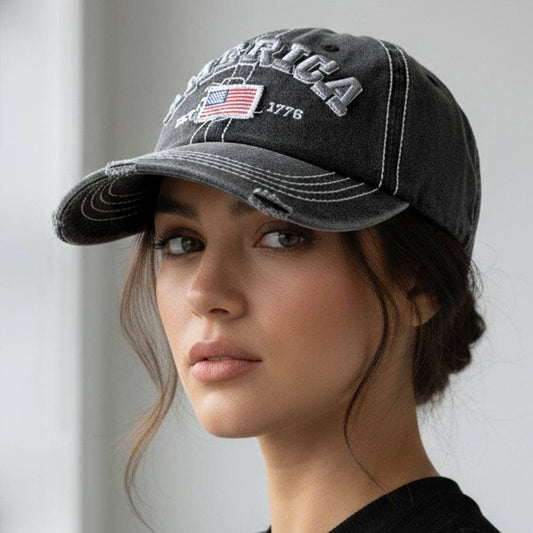 Vintage America 1776 Flag Embroidered Baseball Cap: Black
