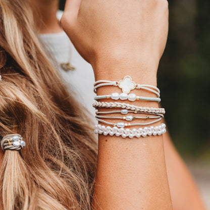 "Glimmer" Soft Pinks with Pearl and Gold Accent Hair Tie Bracelets: Medium