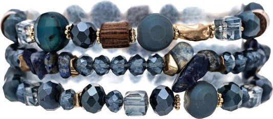 Gold Blue Wood Beads 3/ Set