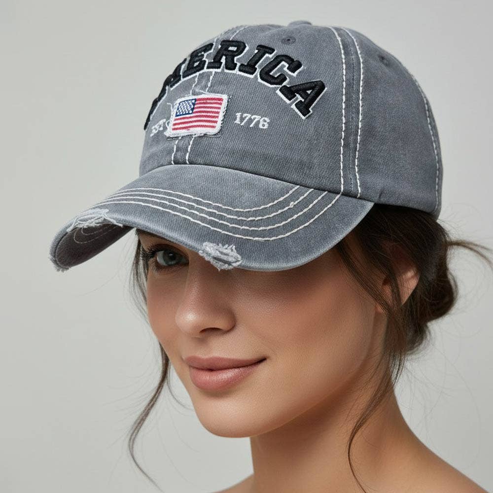 Vintage America 1776 Flag Embroidered Baseball Cap: Gray