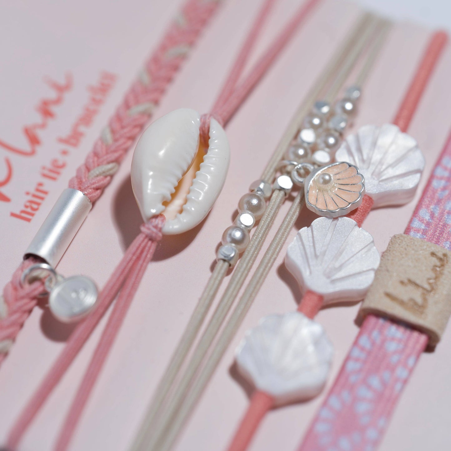 "Shimmer" Coral with Shell Hair Tie/Bracelets