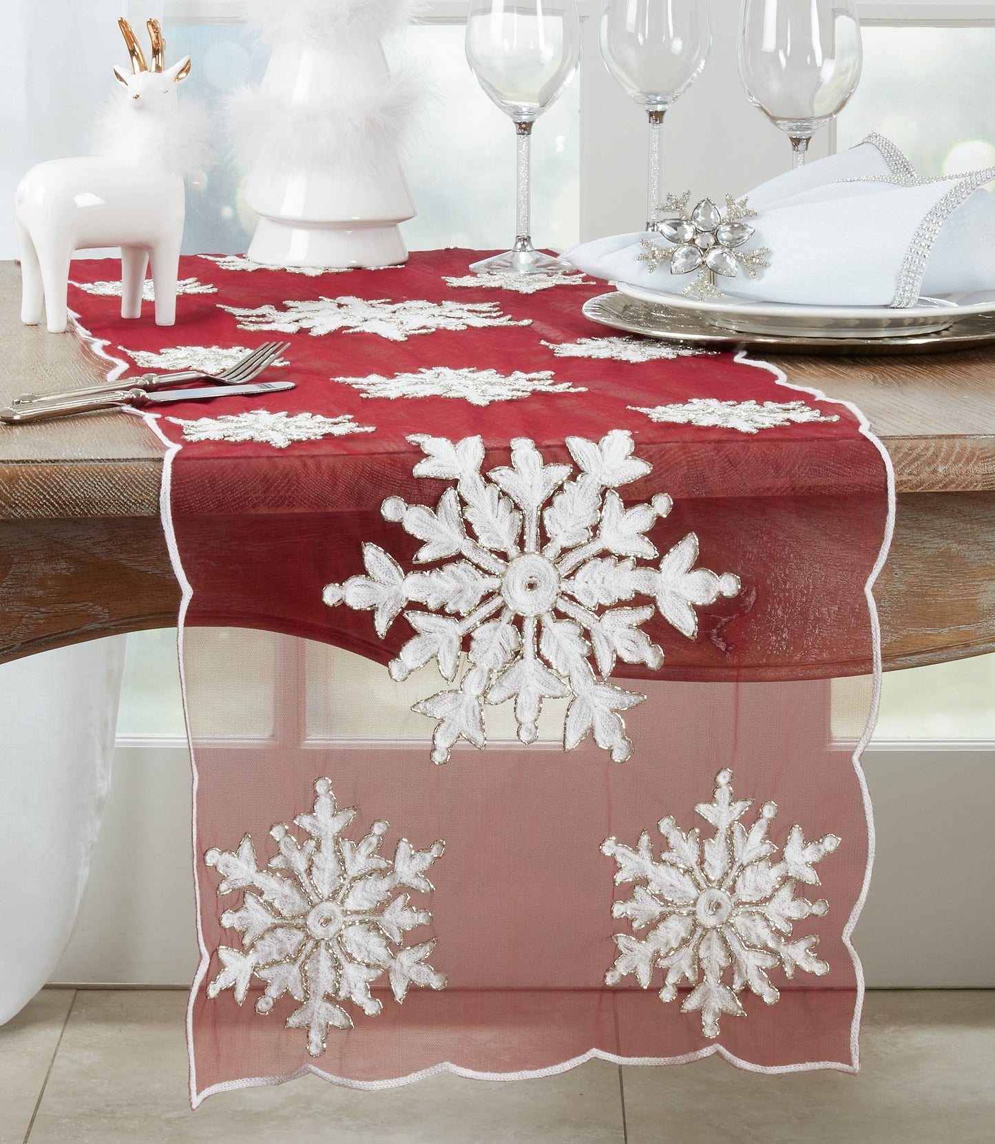 Beaded + Embroidered Snowflake Runner: Red / 16"x72"
