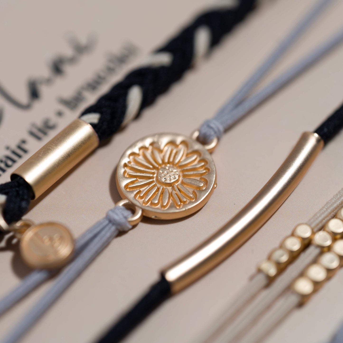 "Inspire" Grey and Black with Gold Flower Accent Hair Tie/Bracelets