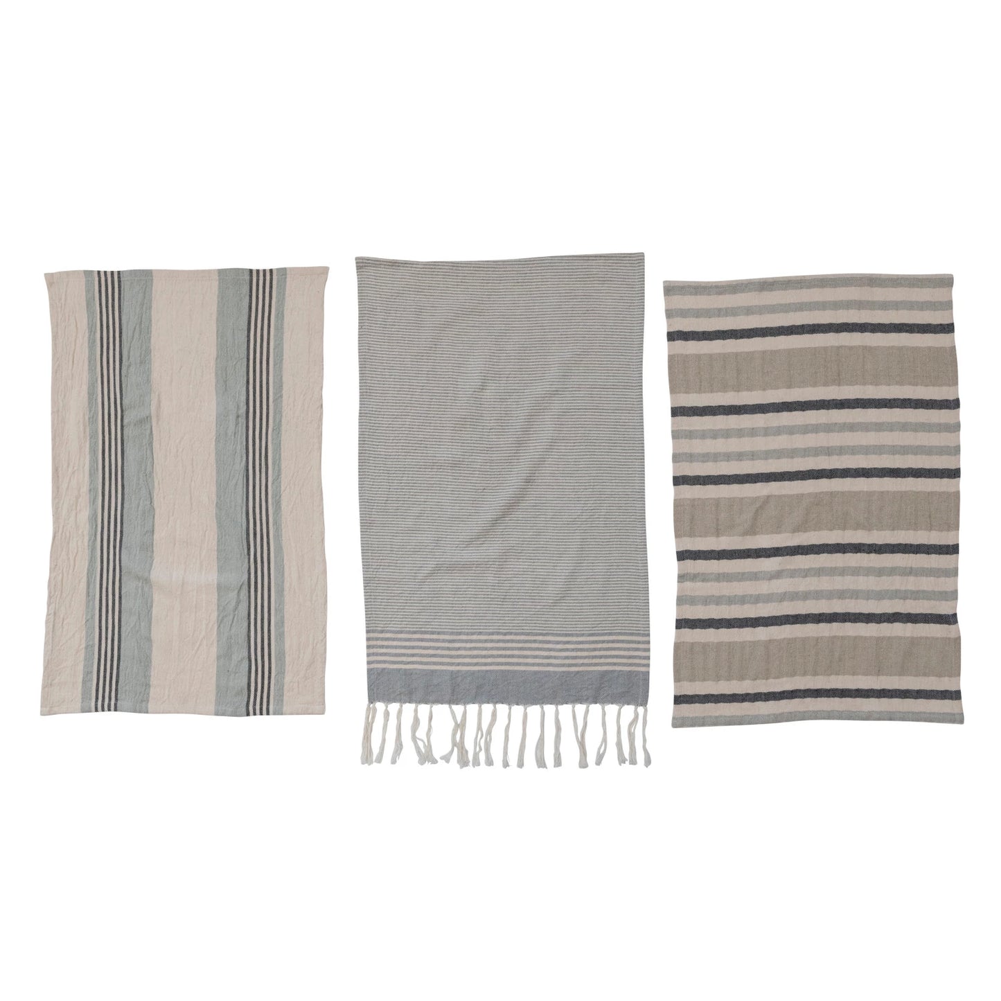 Woven Cotton Tea Towels w/ Stripes, 3 Styles - Set of 3