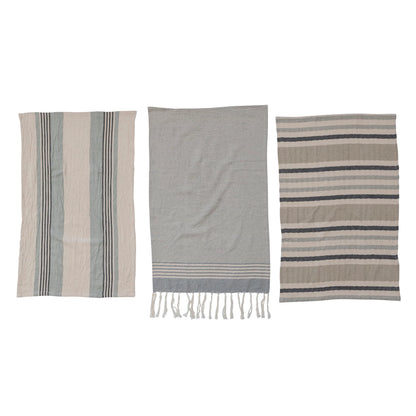 Woven Cotton Tea Towels w/ Stripes, 3 Styles - Set of 3