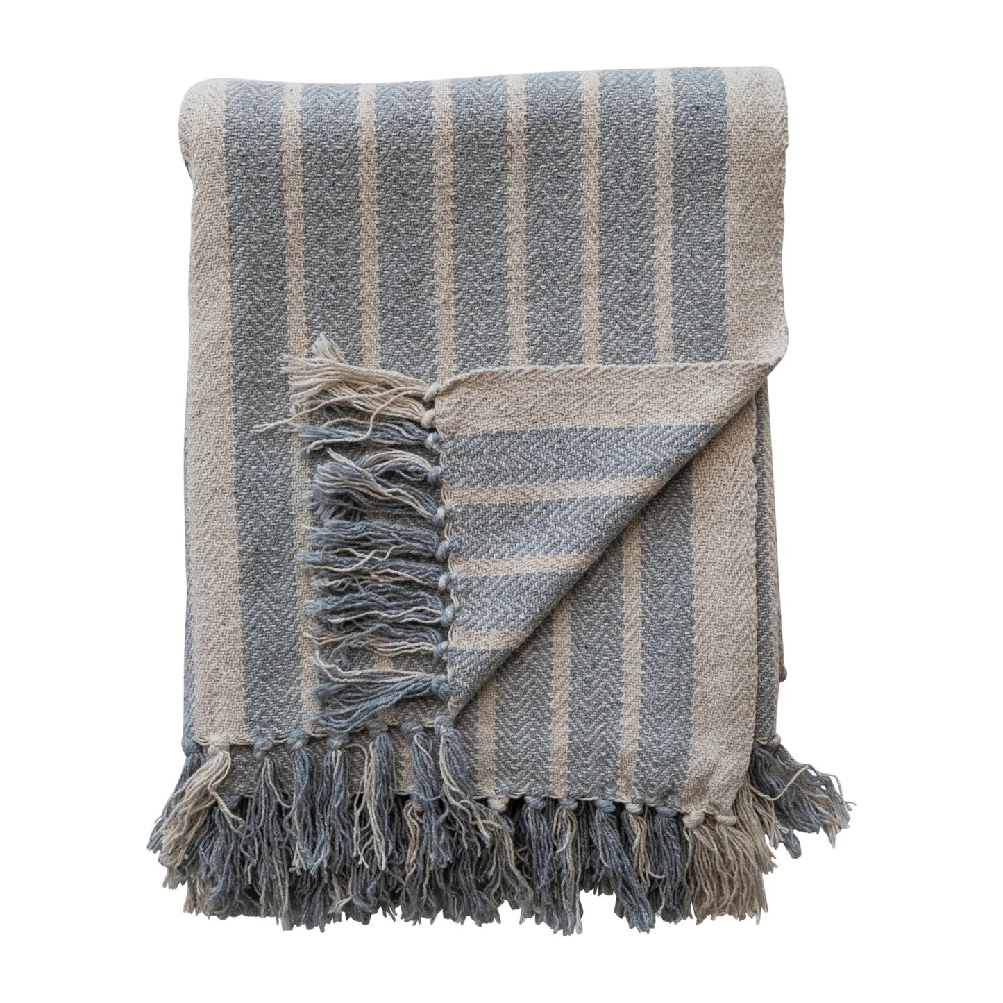 Throw w/Blue & Natural Stripes + Fringe