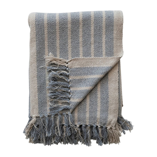Throw w/Blue & Natural Stripes + Fringe