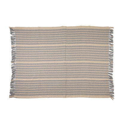 Throw w/Blue & Natural Stripes + Fringe