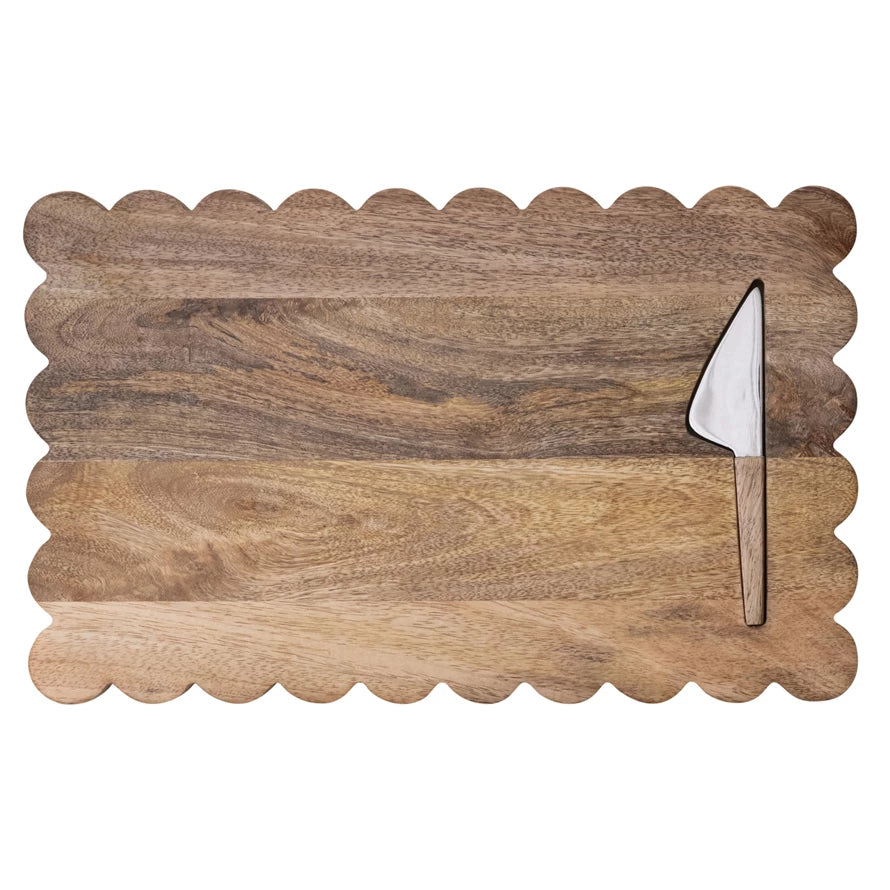 Wood Scalloped Cheese/Serving Board w/ Stainless Steel Cheese Knife Set