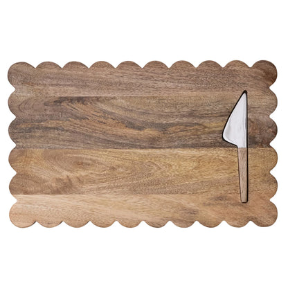 Wood Scalloped Cheese/Serving Board w/ Stainless Steel Cheese Knife Set