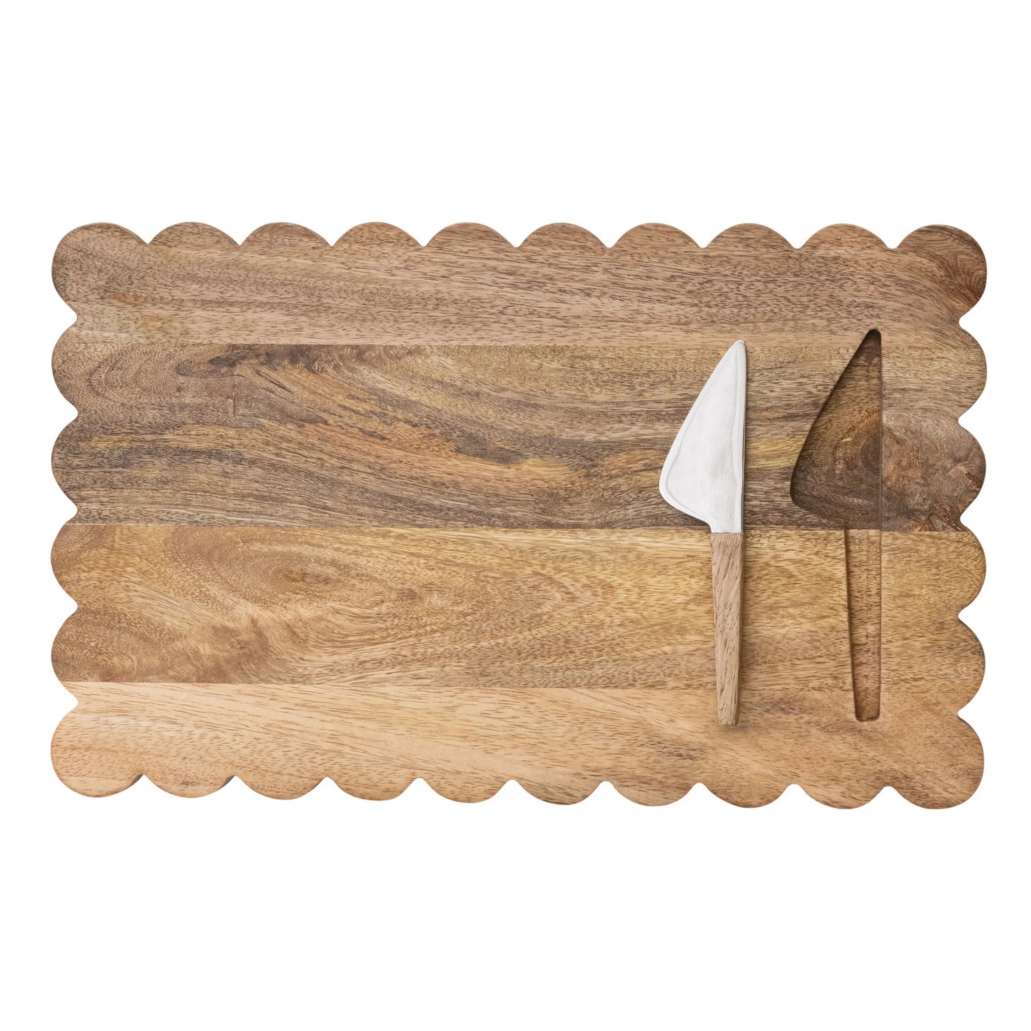Wood Scalloped Cheese/Serving Board w/ Stainless Steel Cheese Knife Set