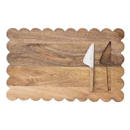 Wood Scalloped Cheese/Serving Board w/ Stainless Steel Cheese Knife Set