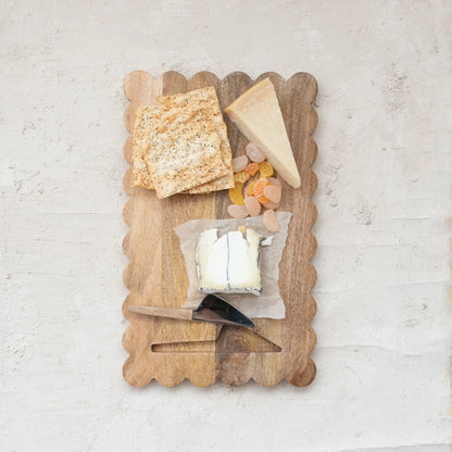 Wood Scalloped Cheese/Serving Board w/ Stainless Steel Cheese Knife Set