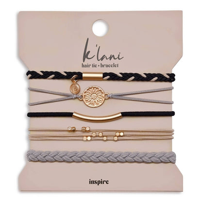 "Inspire" Grey and Black with Gold Flower Accent Hair Tie/Bracelets