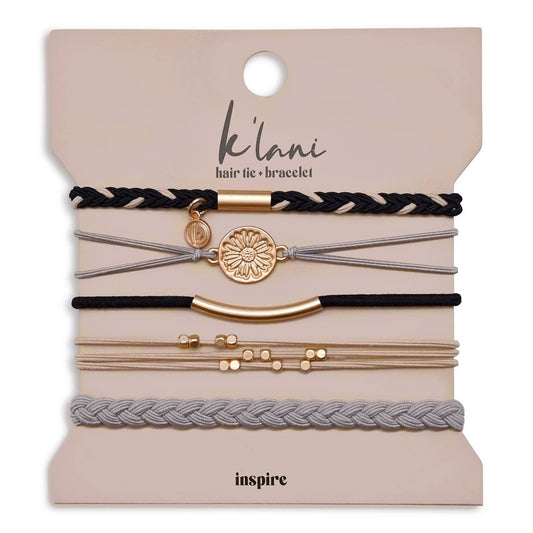 "Inspire" Grey and Black with Gold Flower Accent Hair Tie/Bracelets