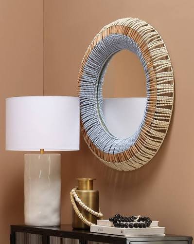 Wood bead Mirror - blue,tan,cream