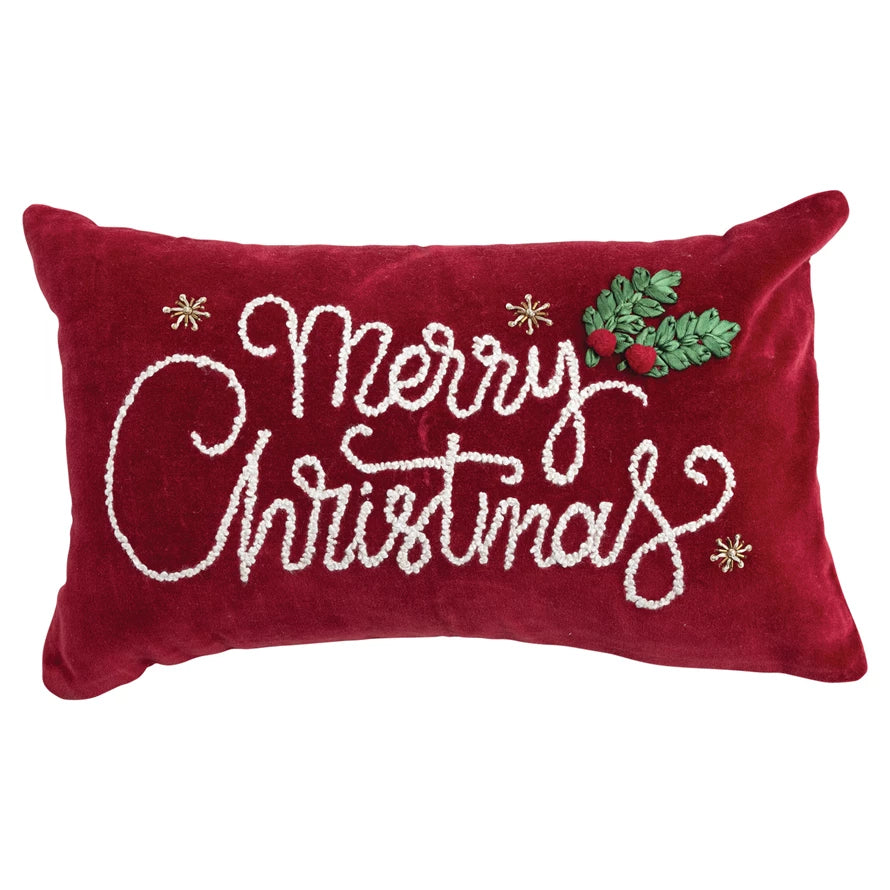 Cotton Velvet Lumbar Pillow with  "Merry Christmas"