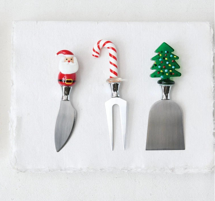 Hand-Blown Glass Holiday Cheese Knife Set